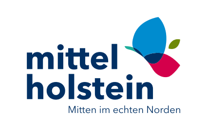 Logo mit dunkelblauem Schriftzug „mittel holstein“ (zweizeilig). Darunter steht „Mitten im echten Norden“. Rechts daneben ein stilisiertes Motiv aus drei farbigen Formen: oben blau, unten pink, rechts klein grün, teils überlappend.